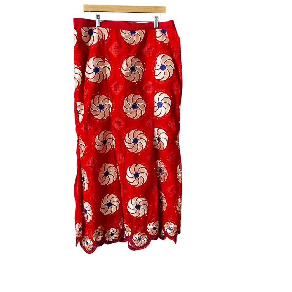 Vintage Handmade African Print Floral Midi Skirt Lined Red Mermaid Style Boho